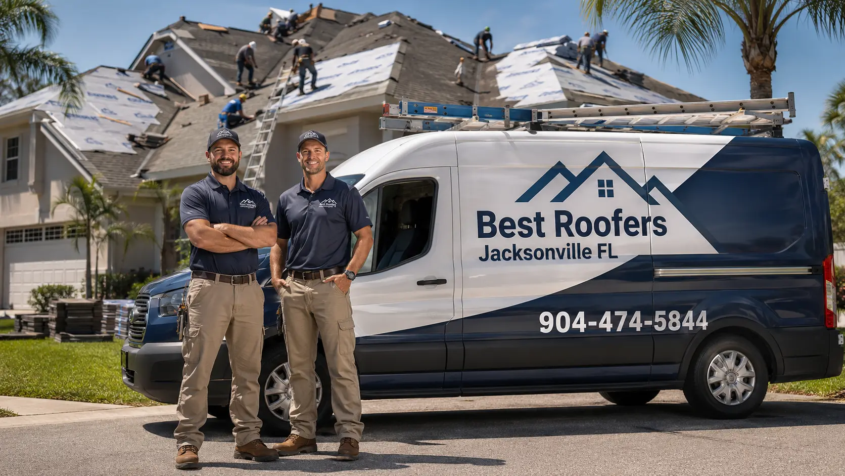 Best Roofers Jacksonville FL roofing crew and branded truck at a Jacksonville home